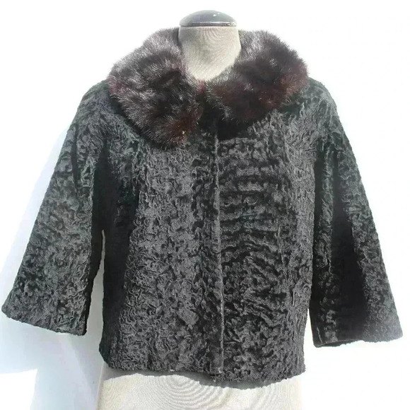 VTG RETRO 1970s Black Retro Swirl  Short Waisted Cocktail Fur Collar Coat Jacket - Picture 1 of 10